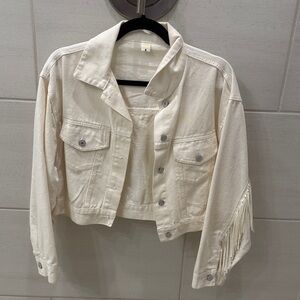 Cropped Cream Fringe Denim Jacket
